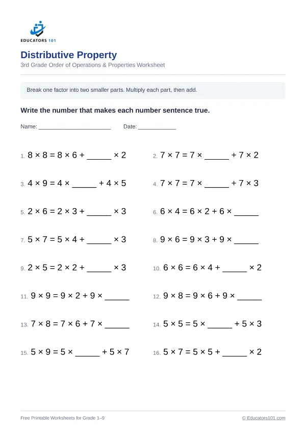 Distributive Property worksheet 7 — 3rd Grade