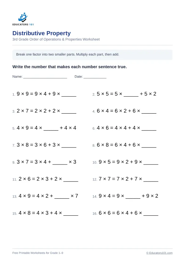 Distributive Property worksheet 8 — 3rd Grade