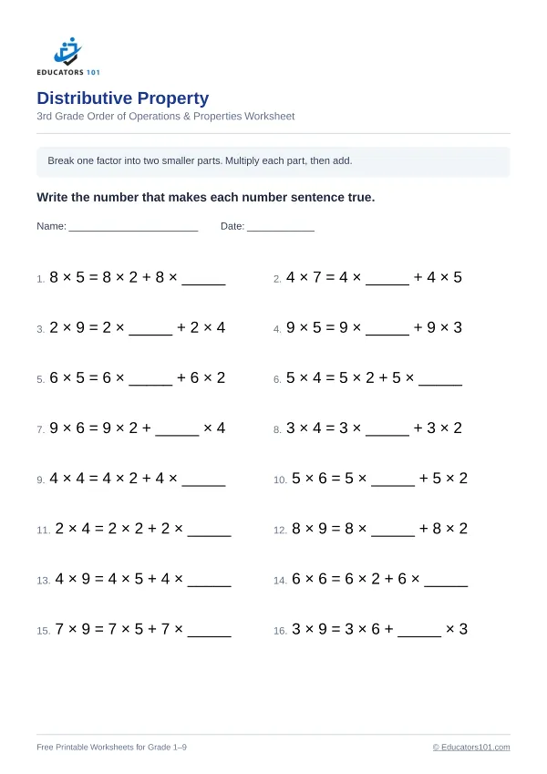 Distributive Property worksheet 9 — 3rd Grade