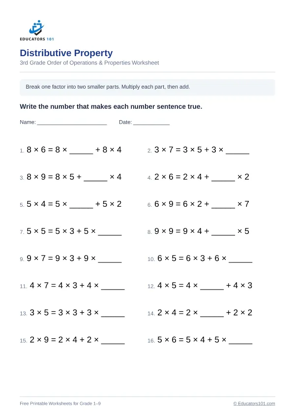 Distributive Property worksheet 10 — 3rd Grade