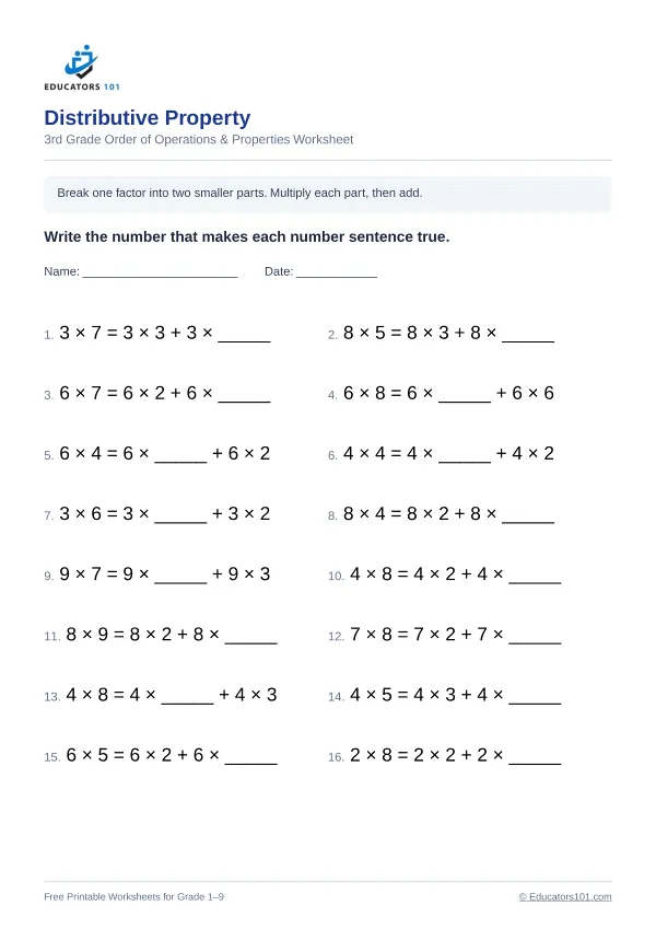 Distributive Property worksheet 11 — 3rd Grade