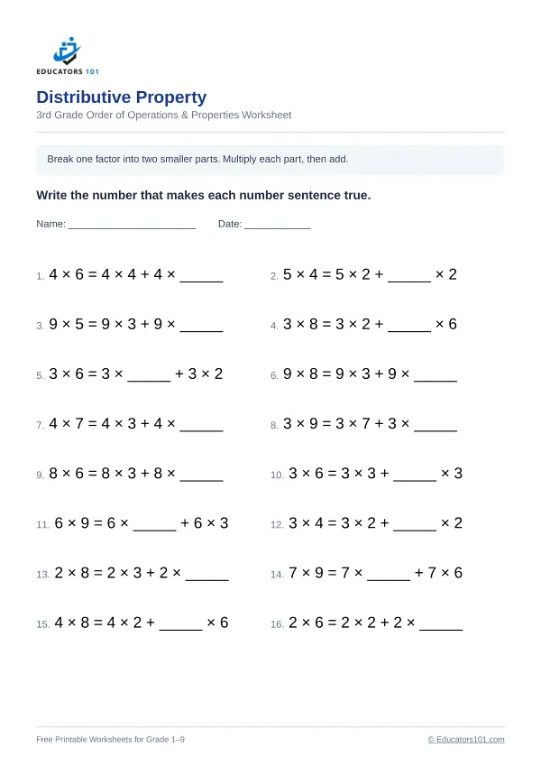 Distributive Property worksheet 12 — 3rd Grade