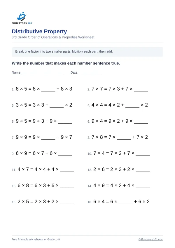 Distributive Property worksheet 13 — 3rd Grade