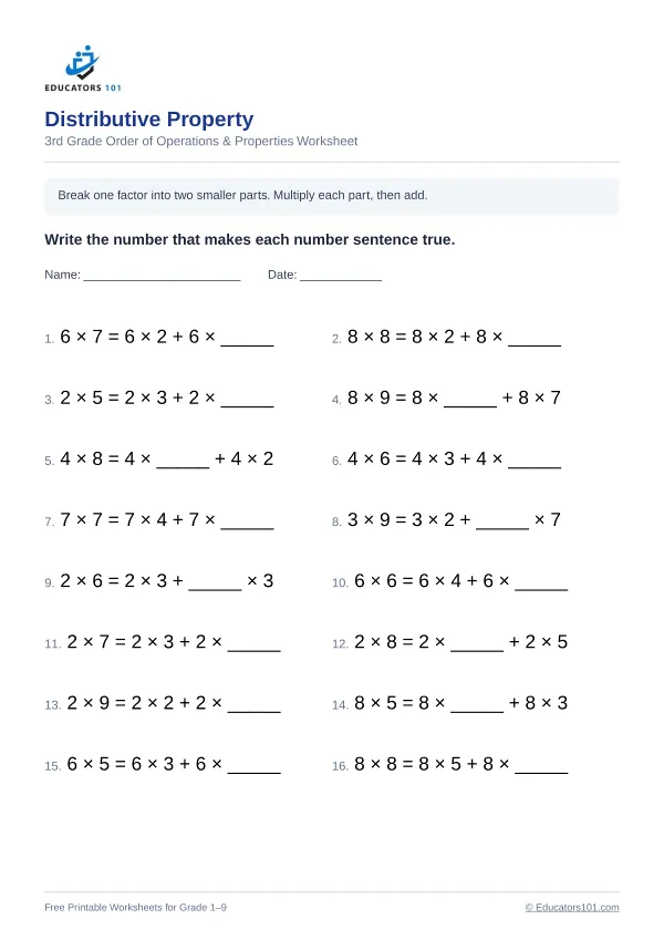 Distributive Property worksheet 14 — 3rd Grade