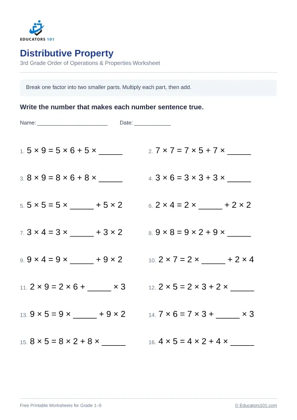 Distributive Property worksheet 15 — 3rd Grade