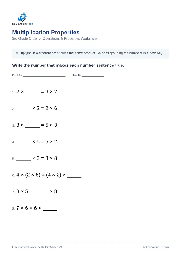 Multiplication Properties worksheet 1 — 3rd Grade