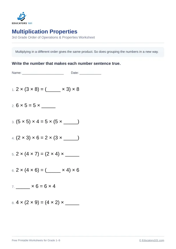 Multiplication Properties worksheet 2 — 3rd Grade