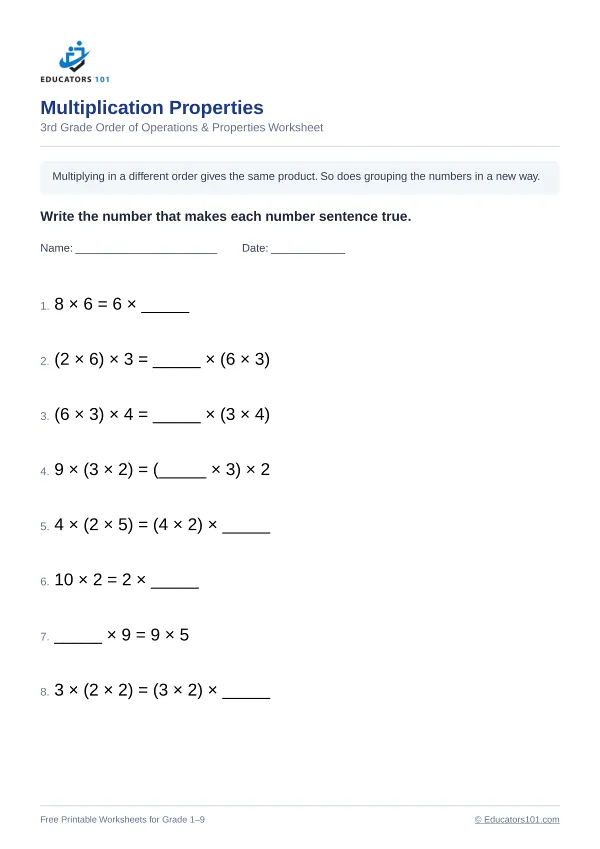 Multiplication Properties worksheet 3 — 3rd Grade