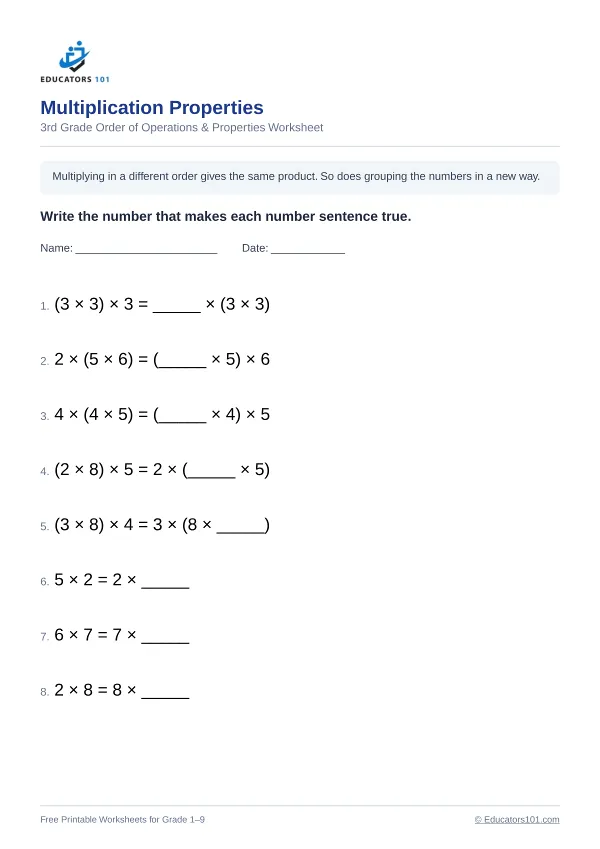 Multiplication Properties worksheet 4 — 3rd Grade