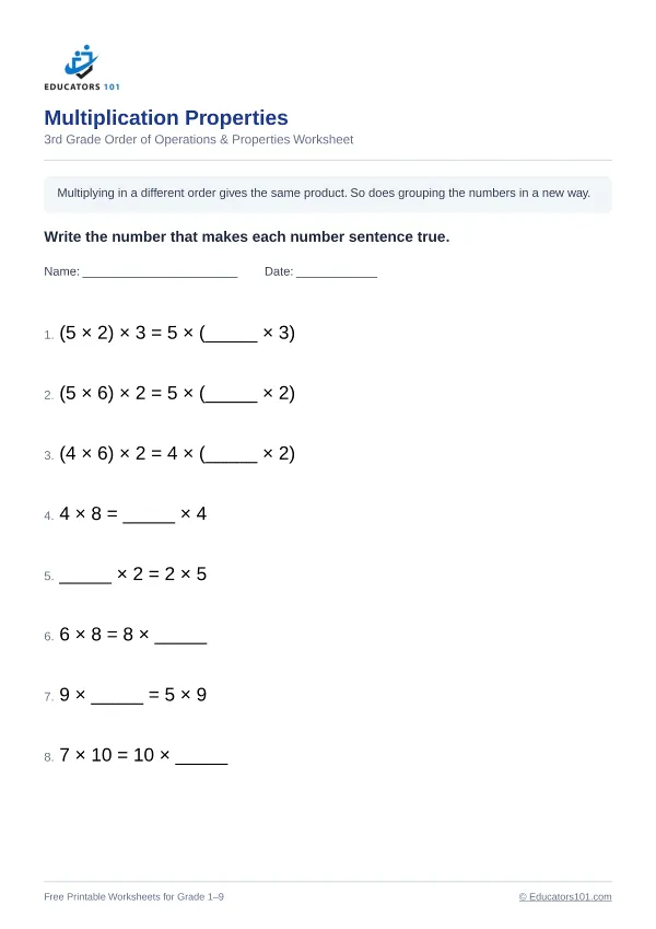 Multiplication Properties worksheet 5 — 3rd Grade