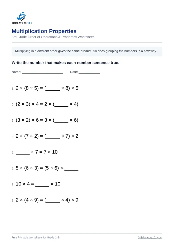 Multiplication Properties worksheet 6 — 3rd Grade