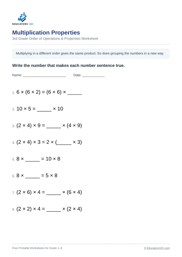 Multiplication Properties worksheet 7 — 3rd Grade