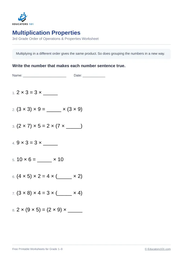Multiplication Properties worksheet 8 — 3rd Grade