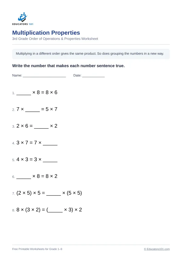 Multiplication Properties worksheet 10 — 3rd Grade