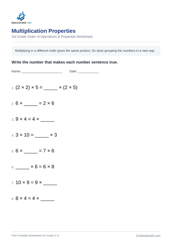 Multiplication Properties worksheet 11 — 3rd Grade