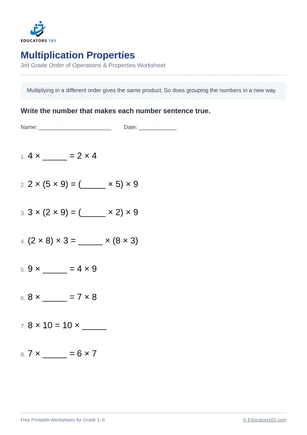 Multiplication Properties worksheet 12 — 3rd Grade