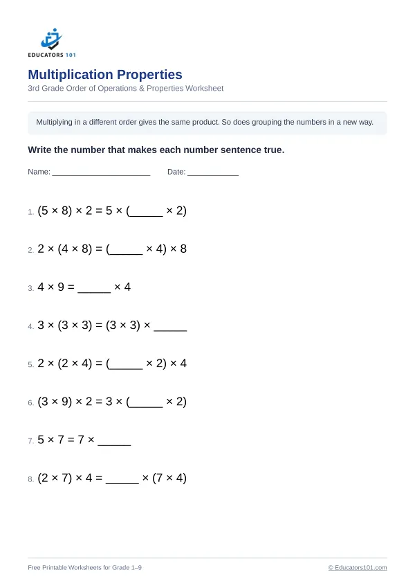 Multiplication Properties worksheet 13 — 3rd Grade