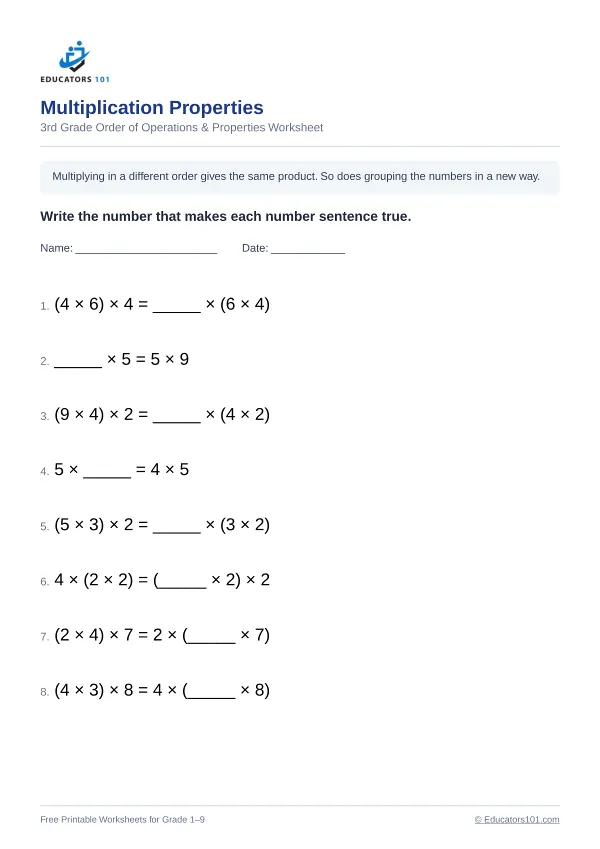 Multiplication Properties worksheet 14 — 3rd Grade