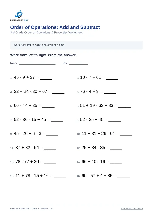 Order of Operations: Add and Subtract worksheet 1 — 3rd Grade