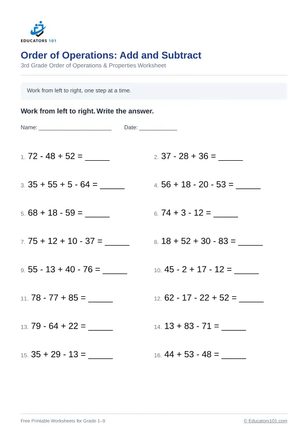Order of Operations: Add and Subtract worksheet 2 — 3rd Grade