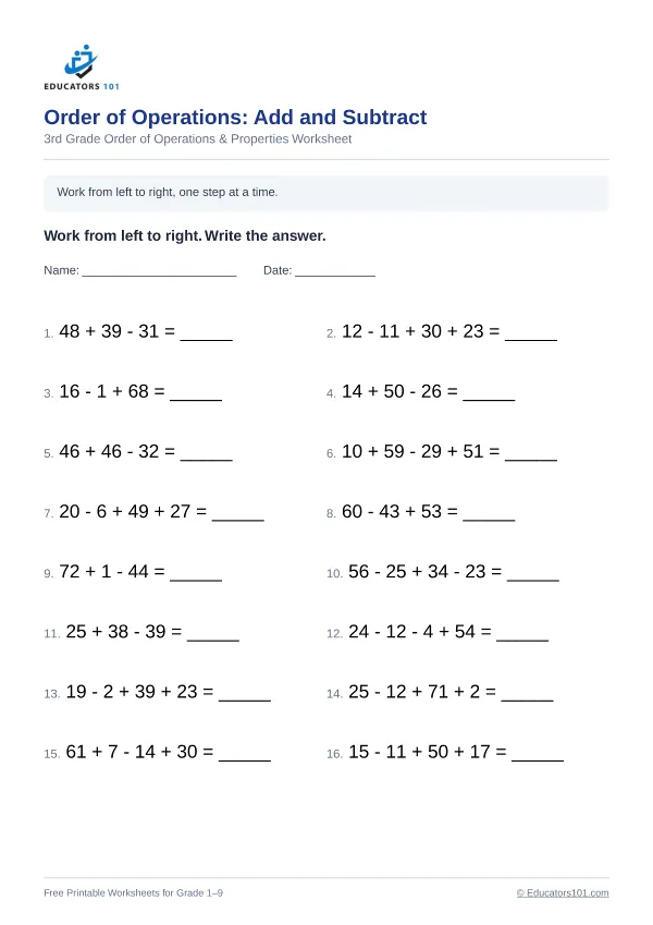 Order of Operations: Add and Subtract worksheet 3 — 3rd Grade