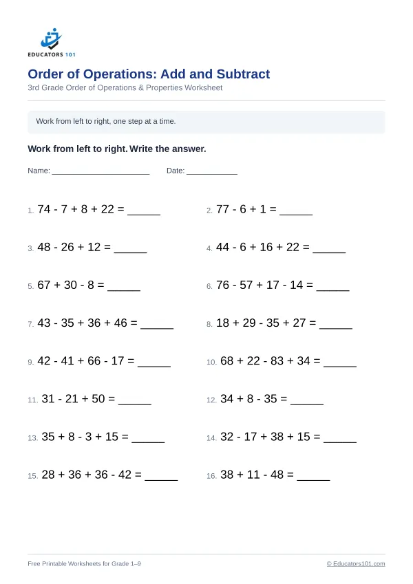 Order of Operations: Add and Subtract worksheet 4 — 3rd Grade
