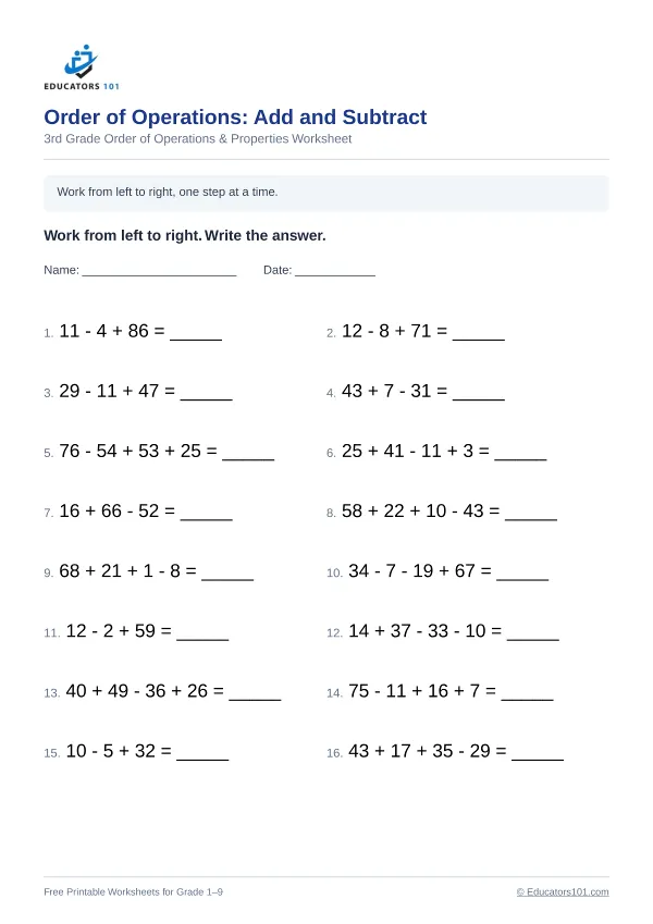 Order of Operations: Add and Subtract worksheet 5 — 3rd Grade