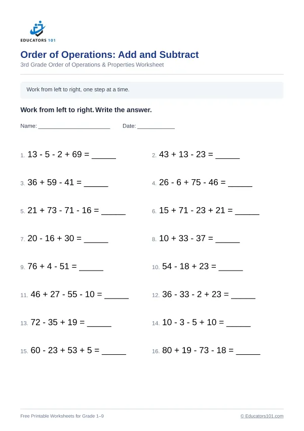 Order of Operations: Add and Subtract worksheet 6 — 3rd Grade
