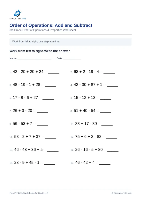 Order of Operations: Add and Subtract worksheet 7 — 3rd Grade