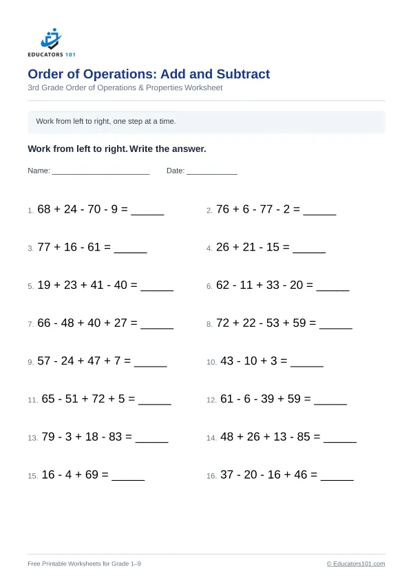 Order of Operations: Add and Subtract worksheet 8 — 3rd Grade