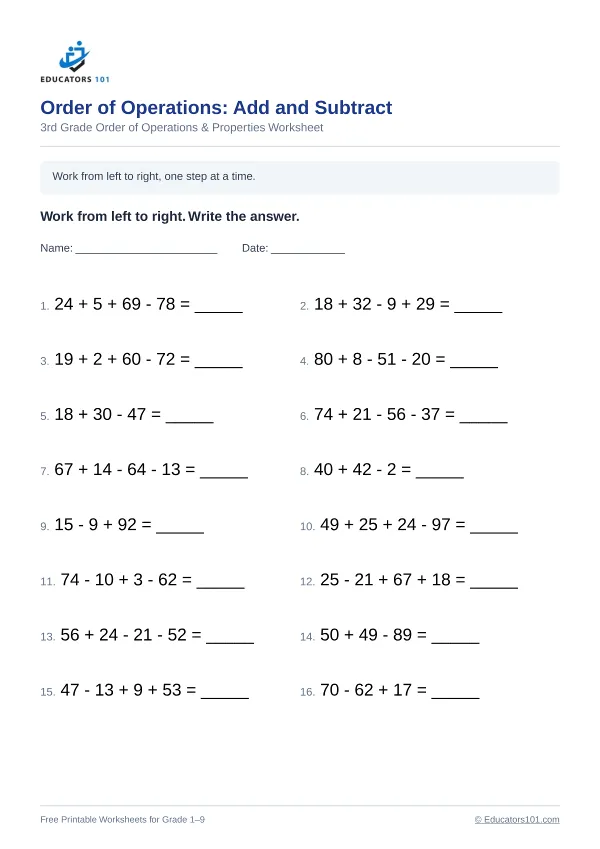 Order of Operations: Add and Subtract worksheet 9 — 3rd Grade
