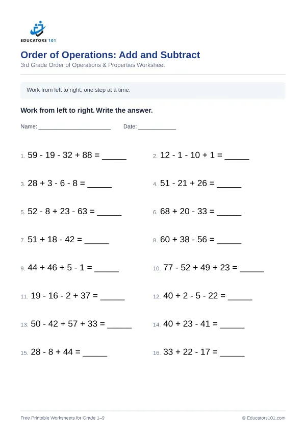 Order of Operations: Add and Subtract worksheet 10 — 3rd Grade