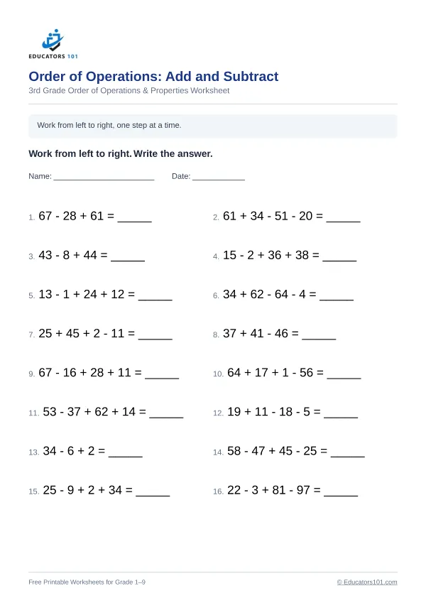 Order of Operations: Add and Subtract worksheet 11 — 3rd Grade