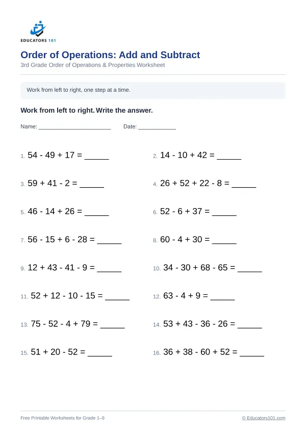 Order of Operations: Add and Subtract worksheet 12 — 3rd Grade
