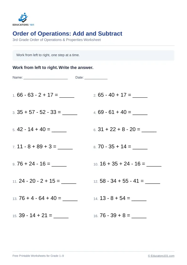 Order of Operations: Add and Subtract worksheet 13 — 3rd Grade