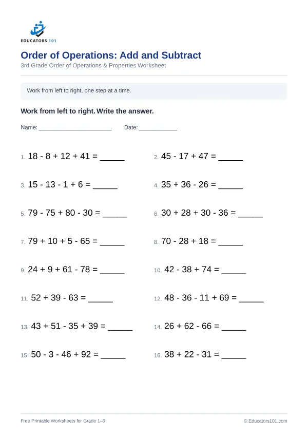 Order of Operations: Add and Subtract worksheet 14 — 3rd Grade