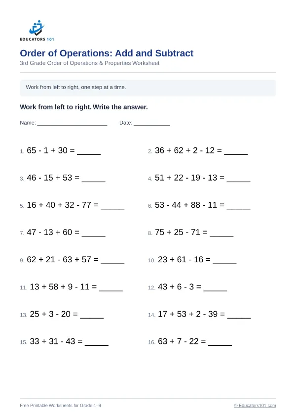 Order of Operations: Add and Subtract worksheet 15 — 3rd Grade