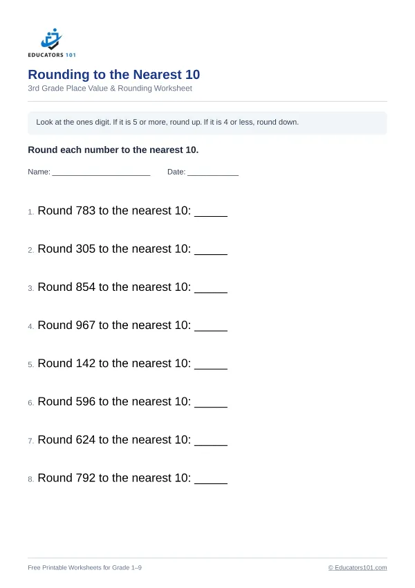 Rounding to the Nearest 10 worksheet 1 — 3rd Grade