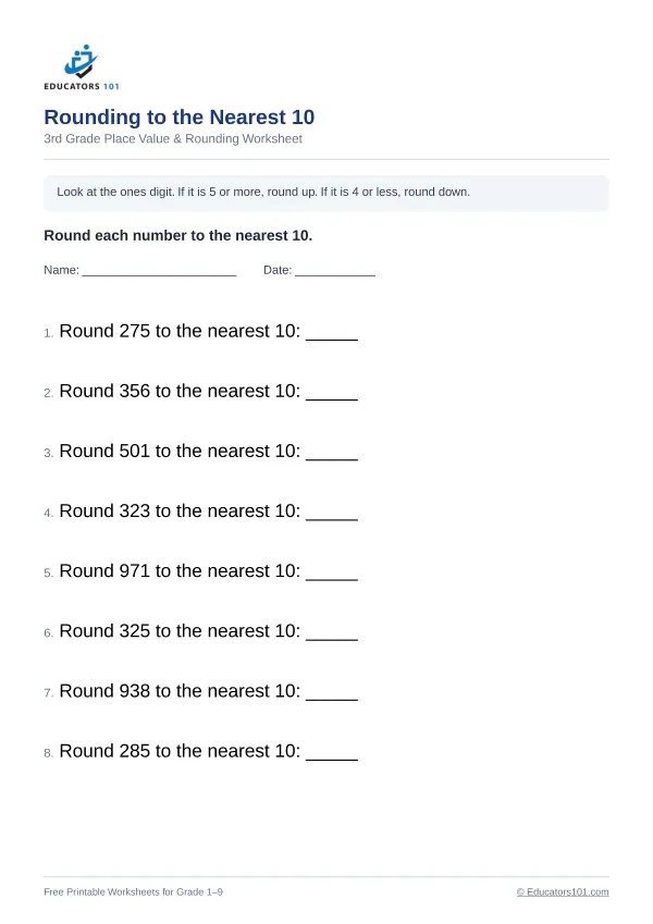 Rounding to the Nearest 10 worksheet 3 — 3rd Grade