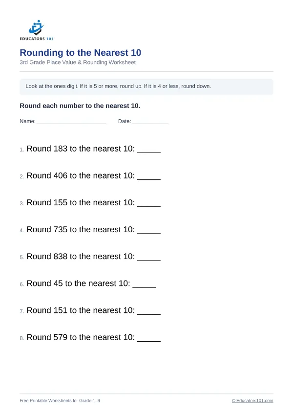 Rounding to the Nearest 10 worksheet 5 — 3rd Grade