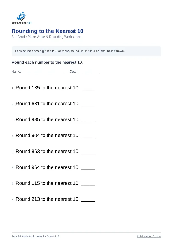 Rounding to the Nearest 10 worksheet 6 — 3rd Grade
