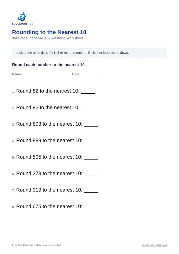Rounding to the Nearest 10 worksheet 8 — 3rd Grade