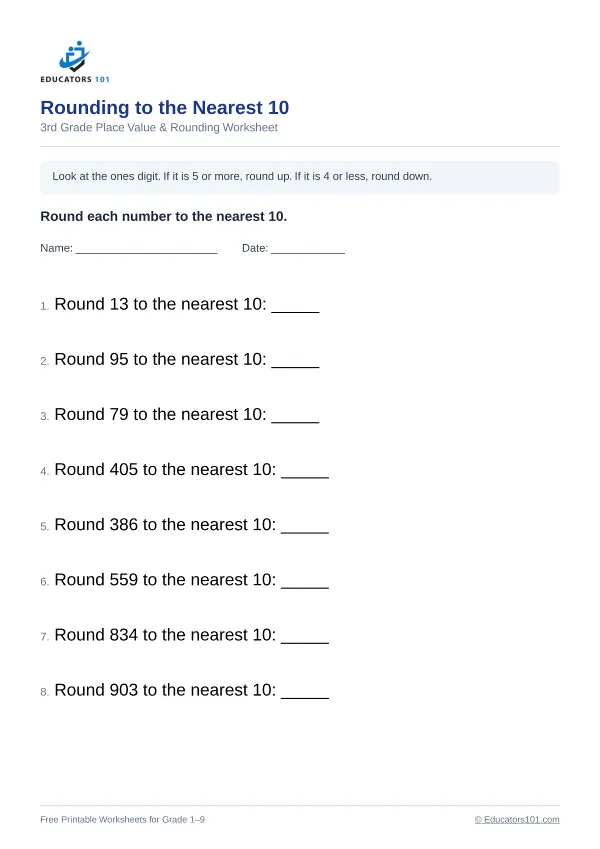 Rounding to the Nearest 10 worksheet 9 — 3rd Grade