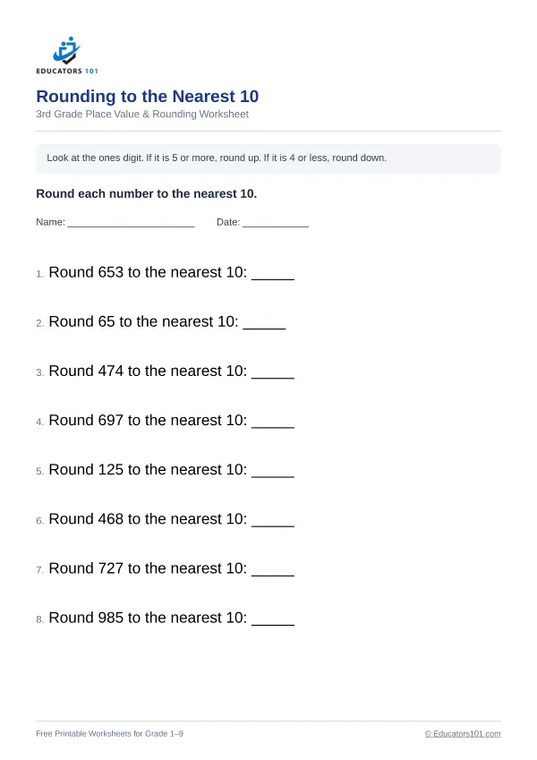 Rounding to the Nearest 10 worksheet 10 — 3rd Grade