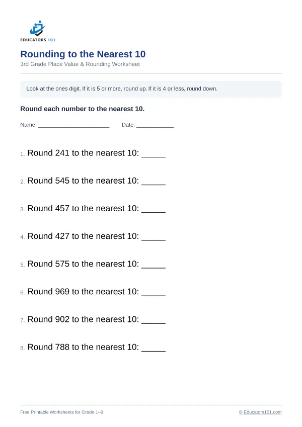 Rounding to the Nearest 10 worksheet 12 — 3rd Grade