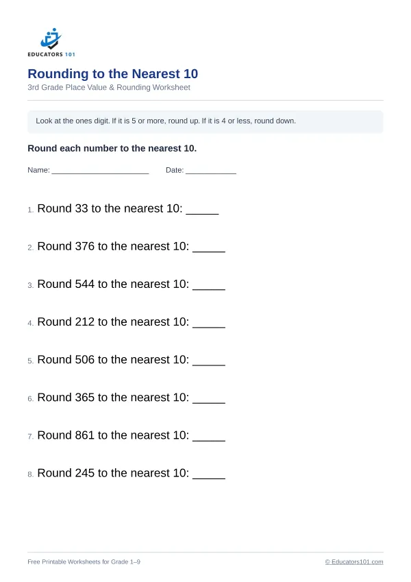 Rounding to the Nearest 10 worksheet 13 — 3rd Grade
