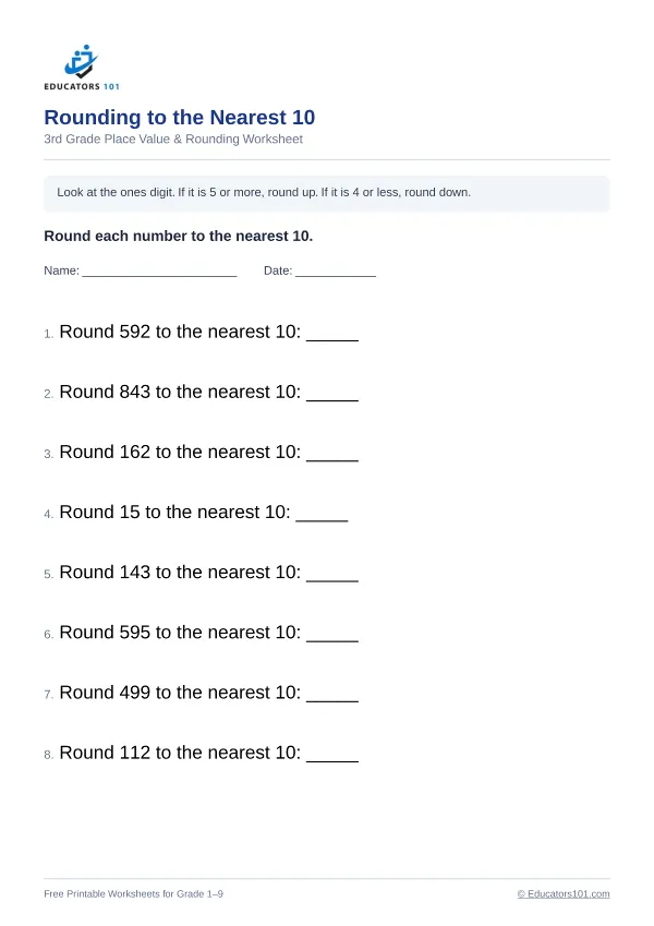 Rounding to the Nearest 10 worksheet 14 — 3rd Grade