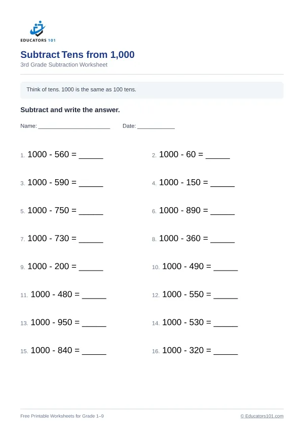 Subtract Tens from 1,000 worksheet 2 — 3rd Grade
