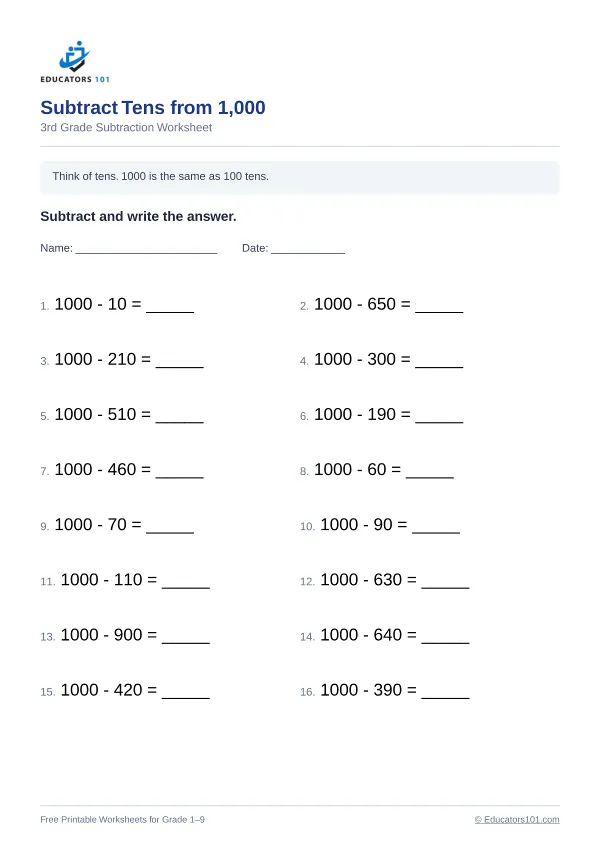 Subtract Tens from 1,000 worksheet 3 — 3rd Grade