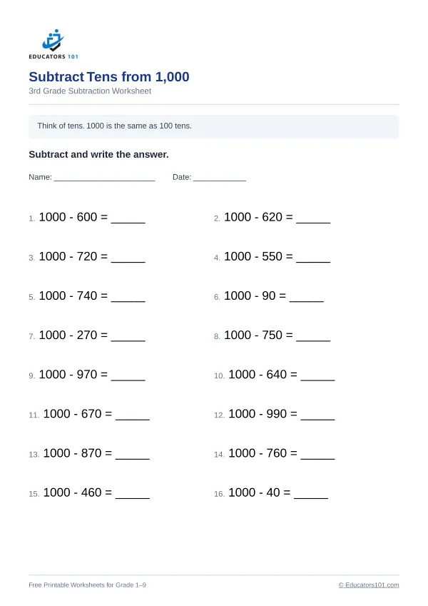 Subtract Tens from 1,000 worksheet 9 — 3rd Grade